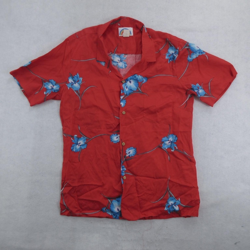 Paradise Found Mens Hawaiian Shirt Medium Red Blue Floral Rayon Short Sleeve VTG